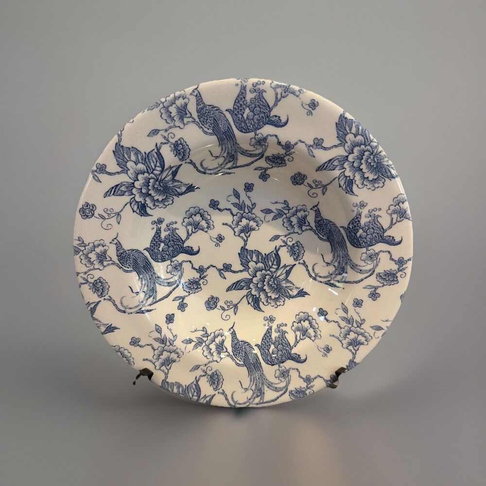 Staffordshire Engravings Bowl BIRD OF PARADISE Blue & White 8.5" READ